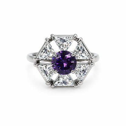Purple Amethyst Cubic Zirconia Ice Cut American Diamond Silver Plated Adjustable Ring