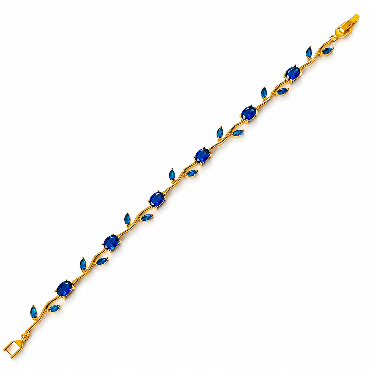 Blue Sapphire Cubic Zirconia Tulip Design American Diamond Gold Plated Stainless Steel Bracelet
