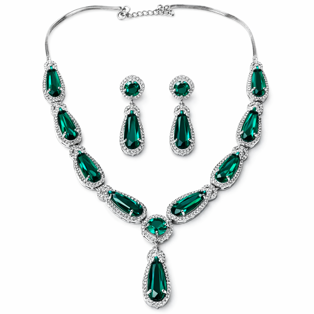 Sea Green Topaz Cubic Zirconia American Diamond Silver Plated Necklace Set