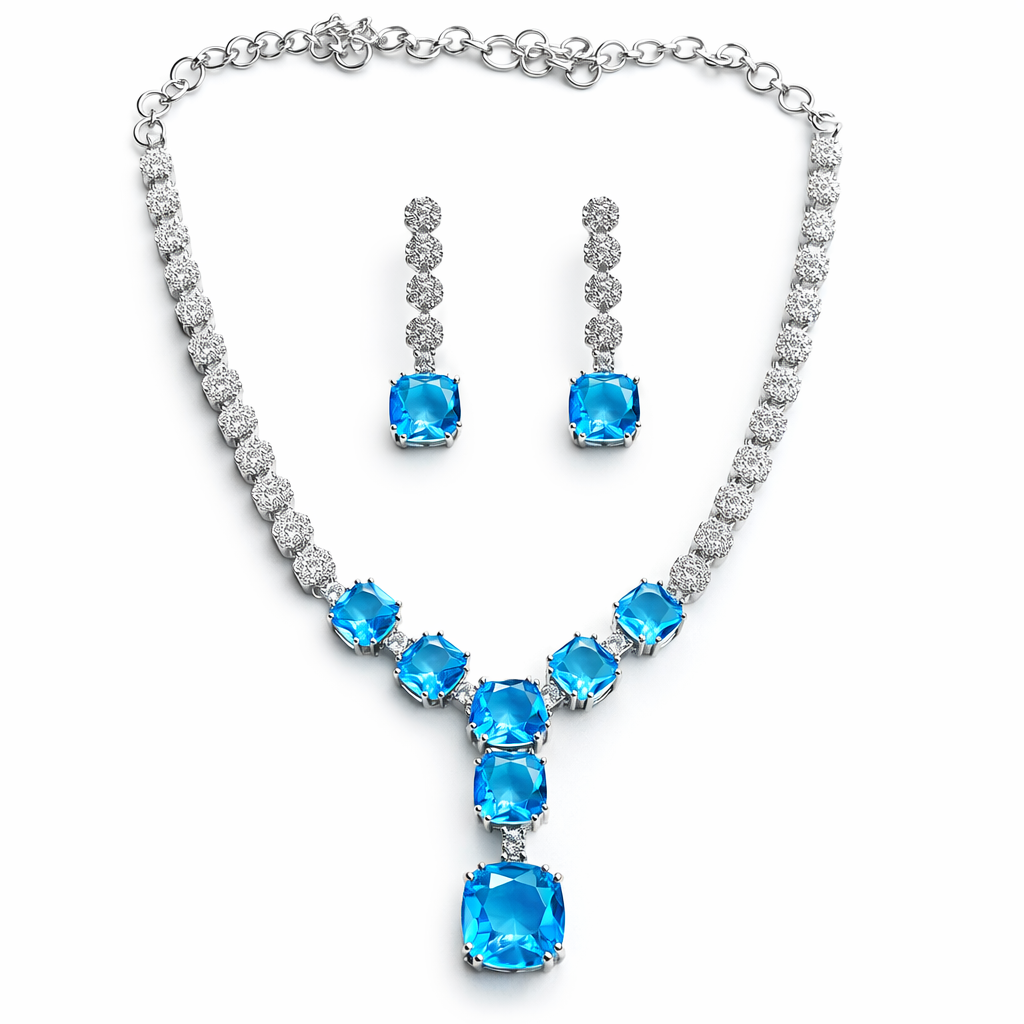 Aqua Blue Sapphire Cubic Zirconia American Diamond Silver Plated Necklace Set
