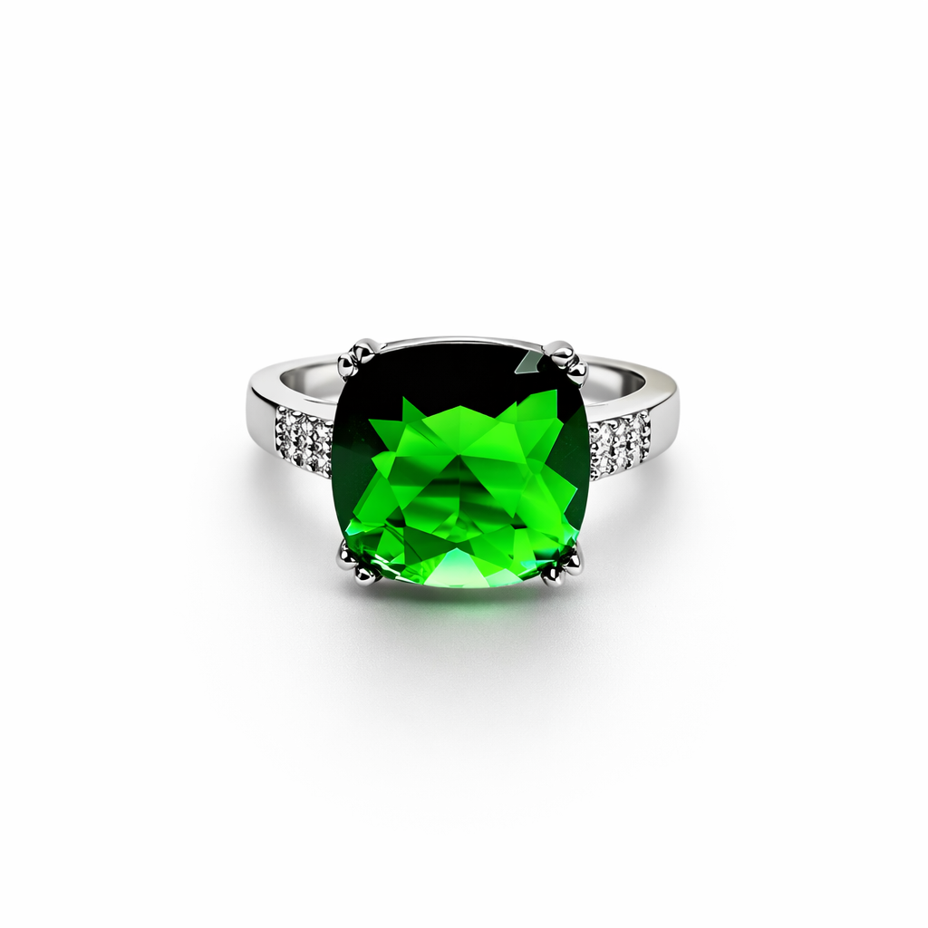Green Emerald Cubic Zirconia Ice Cut American Diamond Silver Plated Adjustable Ring