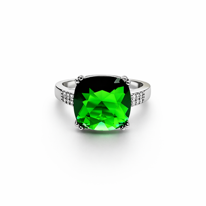 Green Emerald Cubic Zirconia Ice Cut American Diamond Silver Plated Adjustable Ring