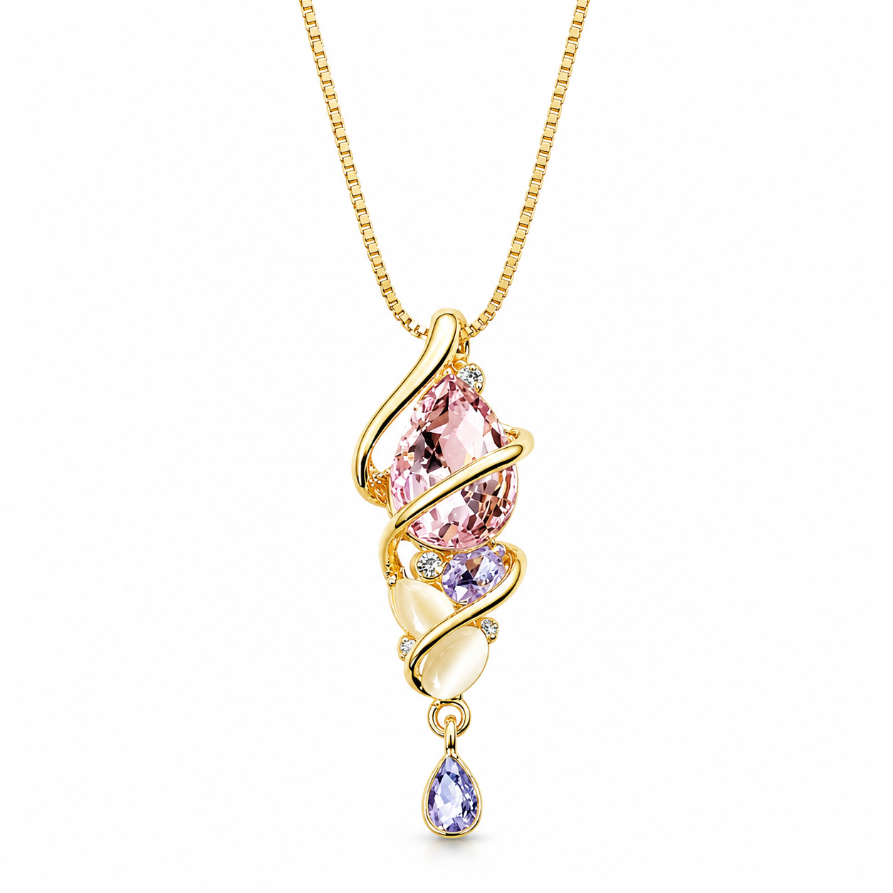Light Purple Amethyst & Pink Topaz Cubic Zirconia American Diamond Gold Plated Pendant Set