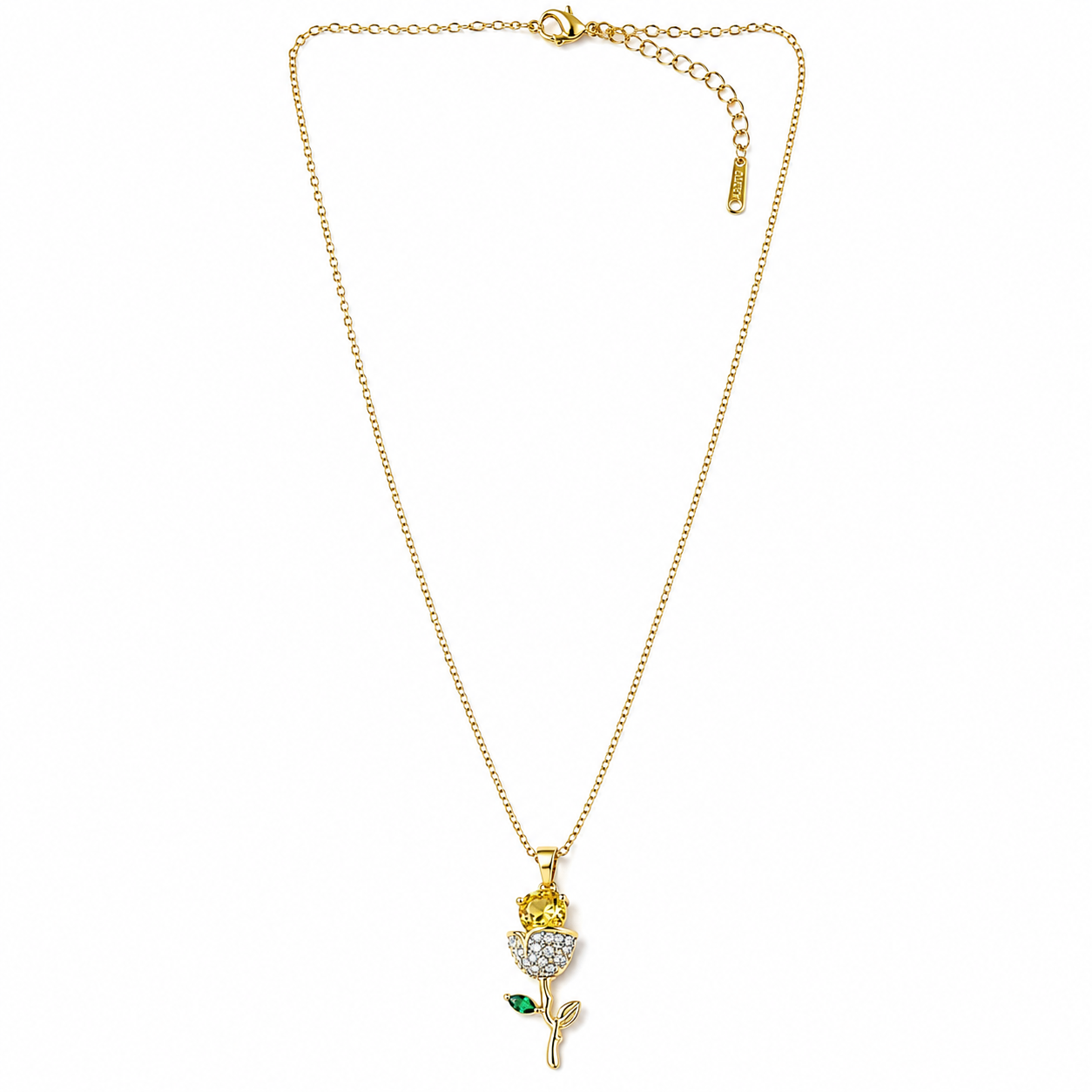 Green Emerald & Yellow Topaz Cubic Zirconia Flower Design American Diamond Gold Plated Stainless Steel Necklace