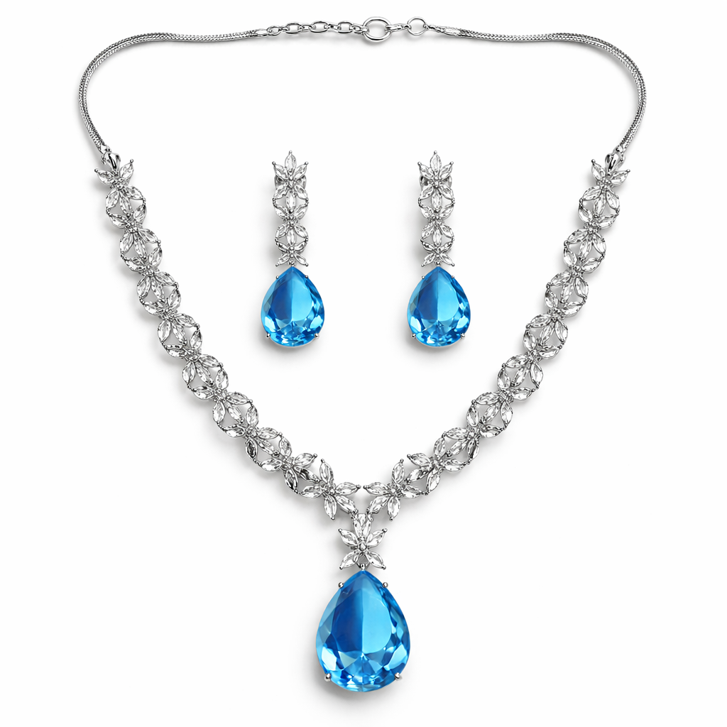 Aqua Blue Sapphire Cubic Zirconia American Diamond Silver Plated Necklace Set