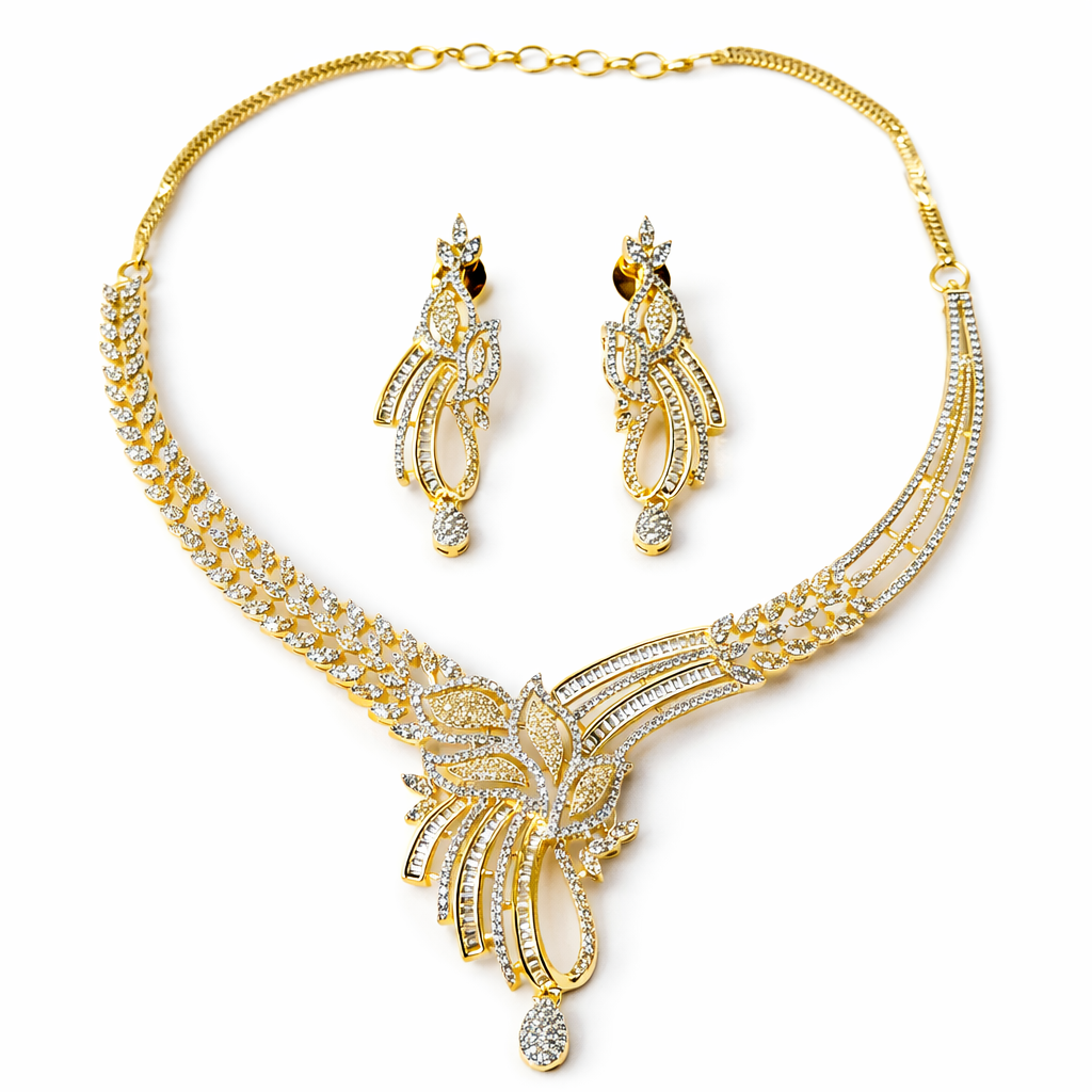 Solitaire Cubic Zirconia American Diamond Gold/Silver Plated Necklace Set