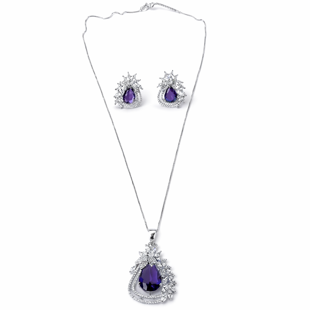 Purple Amethyst Cubic Zirconia American Diamond Silver Plated Pendant Set