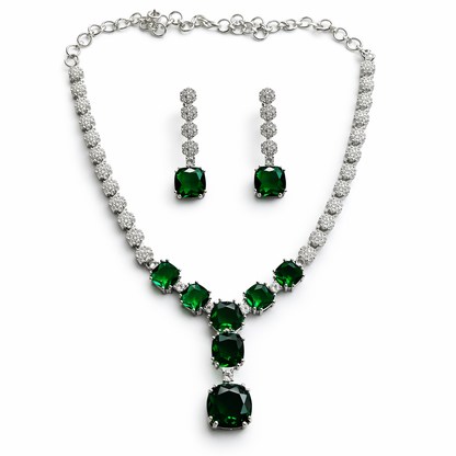 Green Emerald Cubic Zirconia American Diamond Silver Plated Necklace Set
