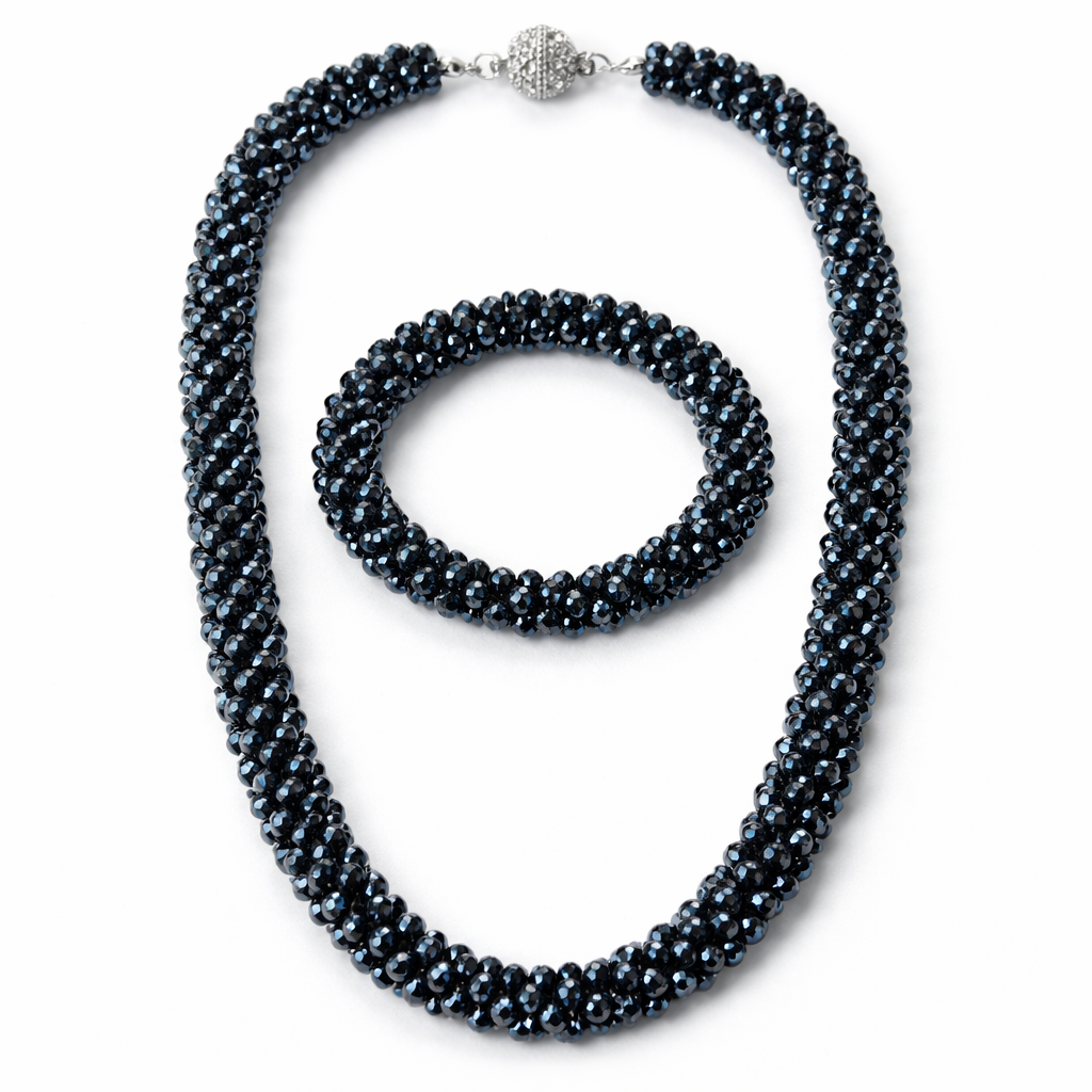 Dark Blue Beads With Magnetic Lock American Diamond Western Bracelet & Necklace Combo