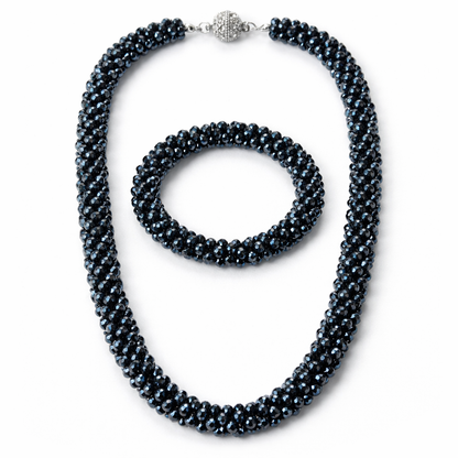 Dark Blue Beads With Magnetic Lock American Diamond Western Bracelet & Necklace Combo