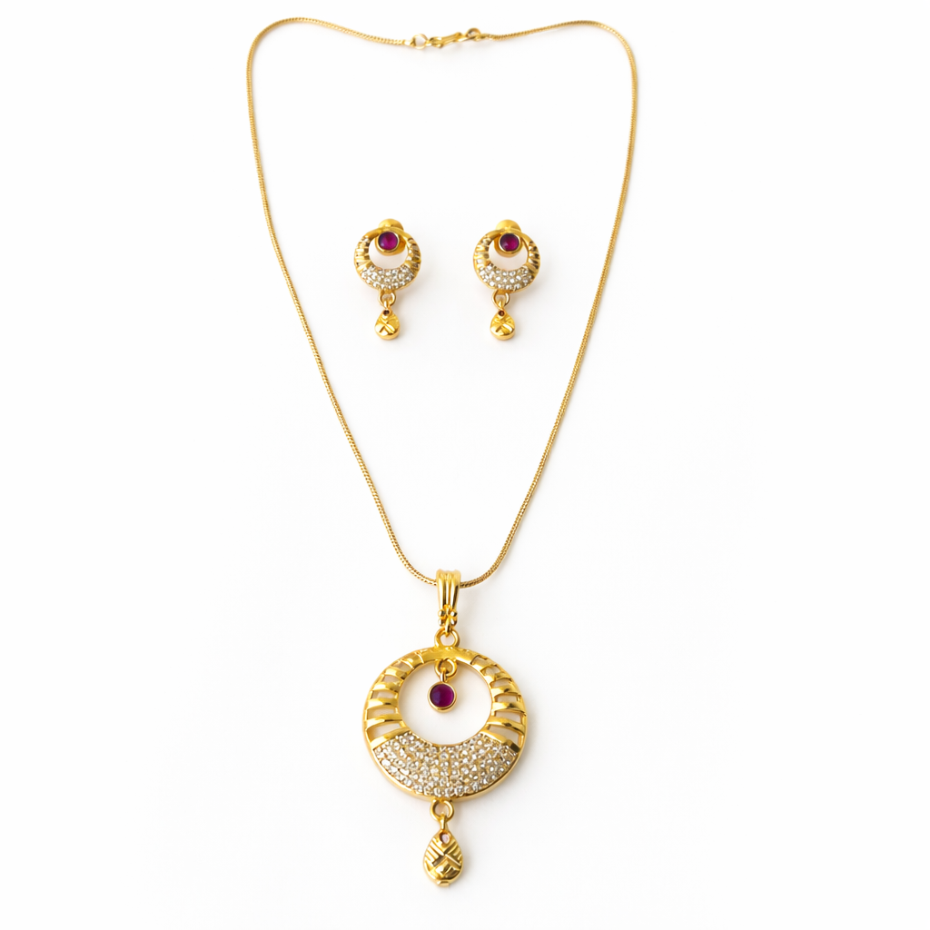 Red Ruby & Solitaire Cubic Zirconia American Diamond 1 Micron Gold Plated Pendant Set