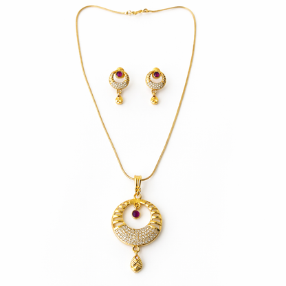 Red Ruby & Solitaire Cubic Zirconia American Diamond 1 Micron Gold Plated Pendant Set