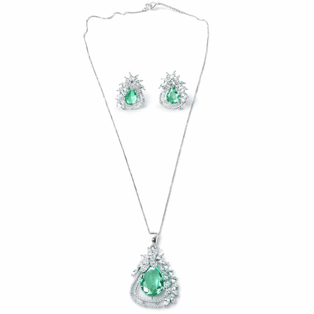 Sea Green Topaz Cubic Zirconia American Diamond Silver Plated Pendant Set