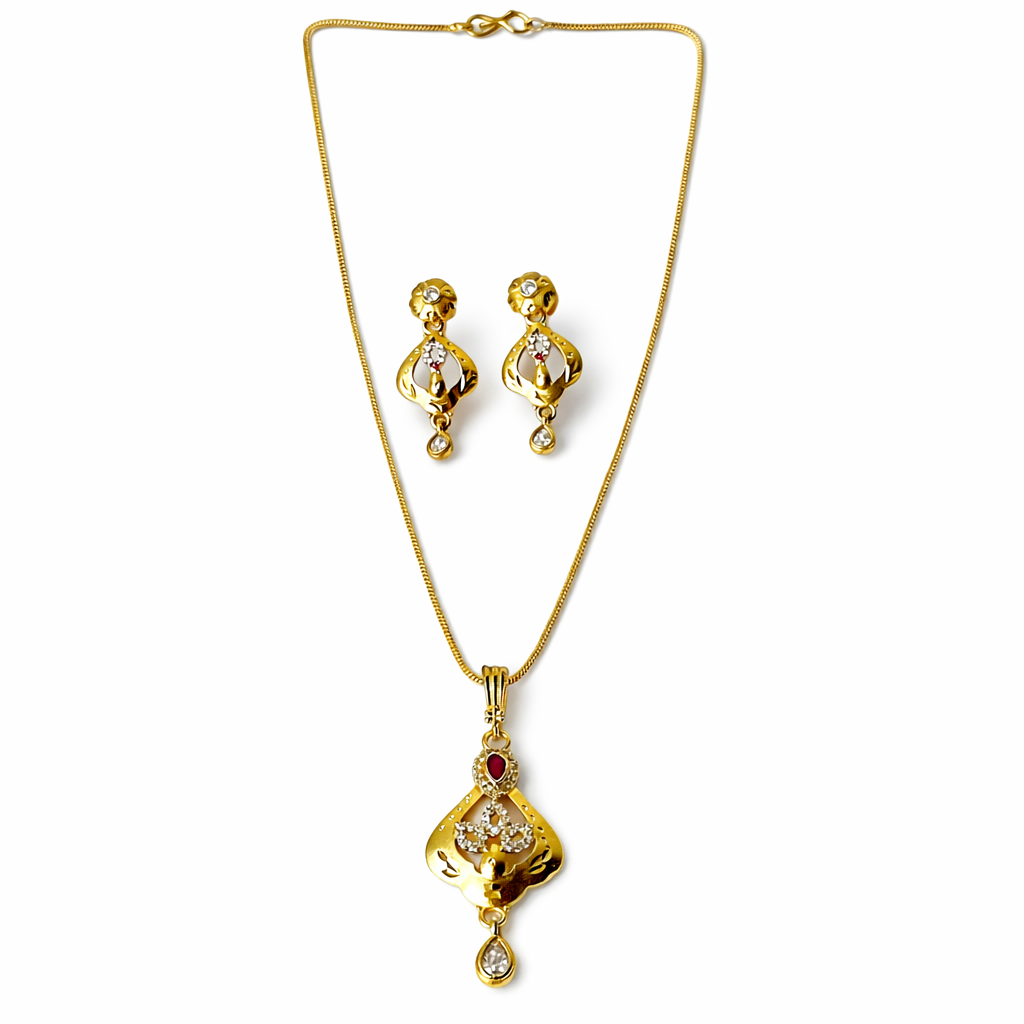 Red Ruby & Solitaire Cubic Zirconia American Diamond 1 Micron Gold Plated Pendant Set