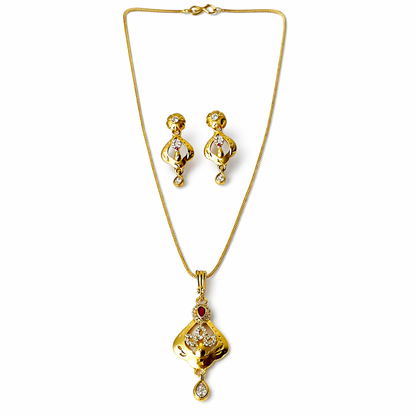 Red Ruby & Solitaire Cubic Zirconia American Diamond 1 Micron Gold Plated Pendant Set