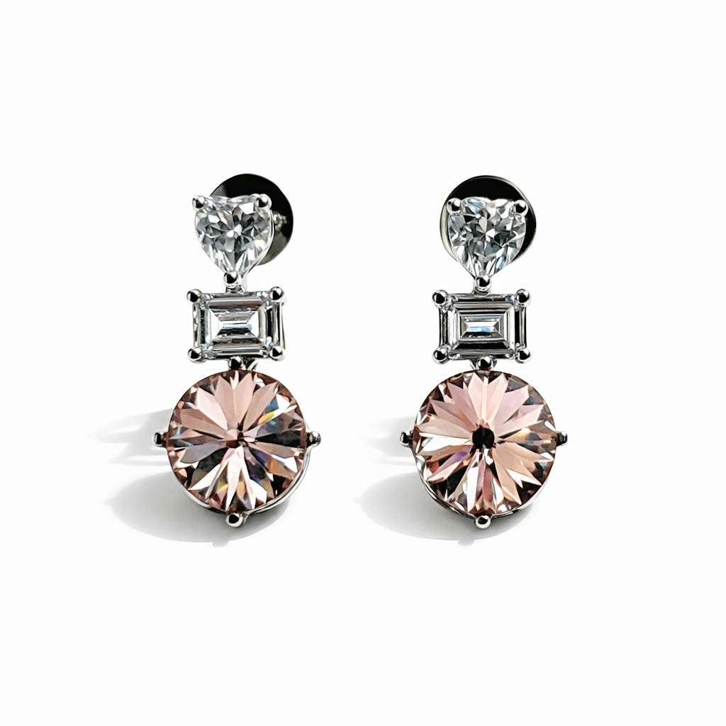 Light Peach Swarovski Crystal American Diamond Silver Plated Earrings