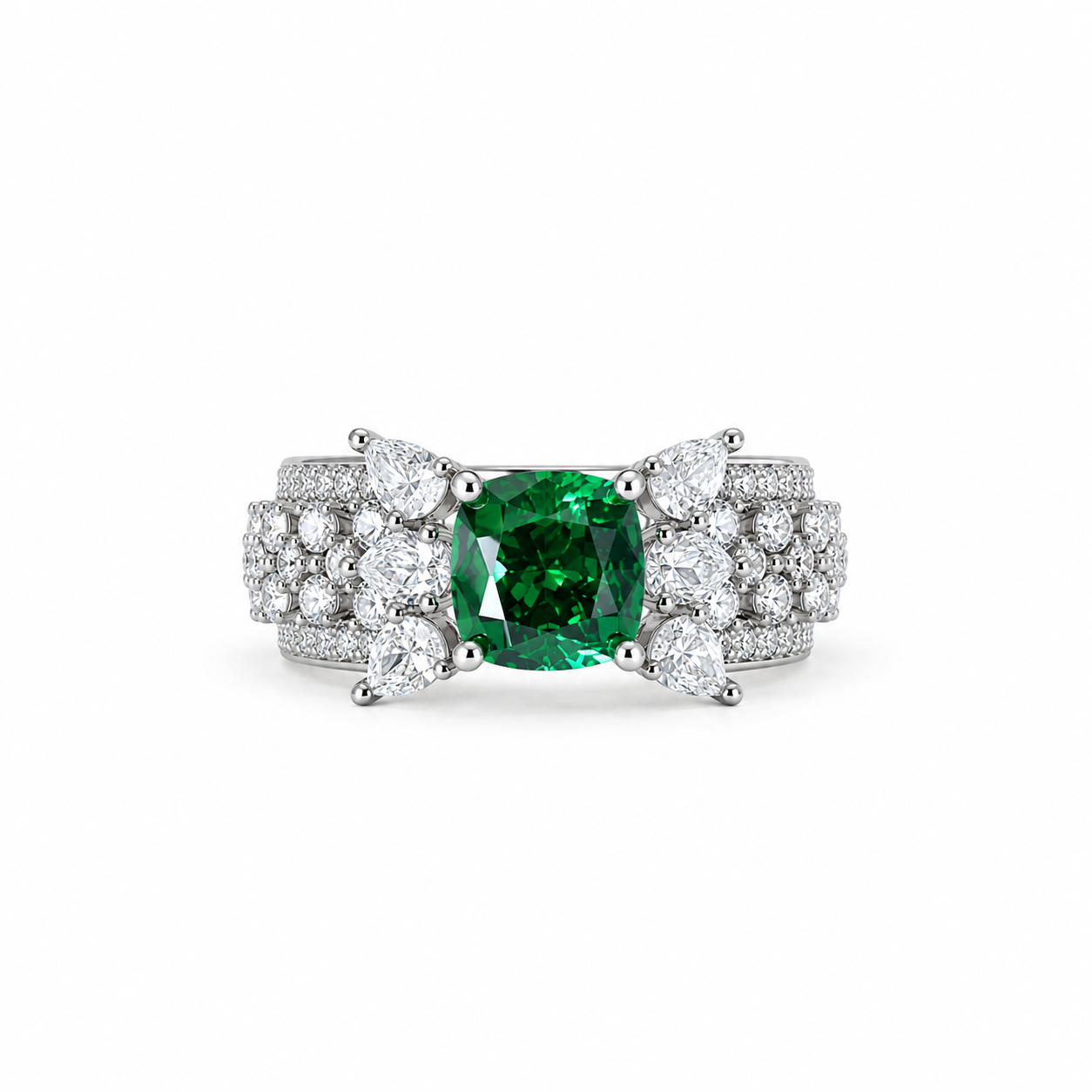 Green Emerald Cubic Zirconia Ice Cut American Diamond Silver Plated Adjustable Ring