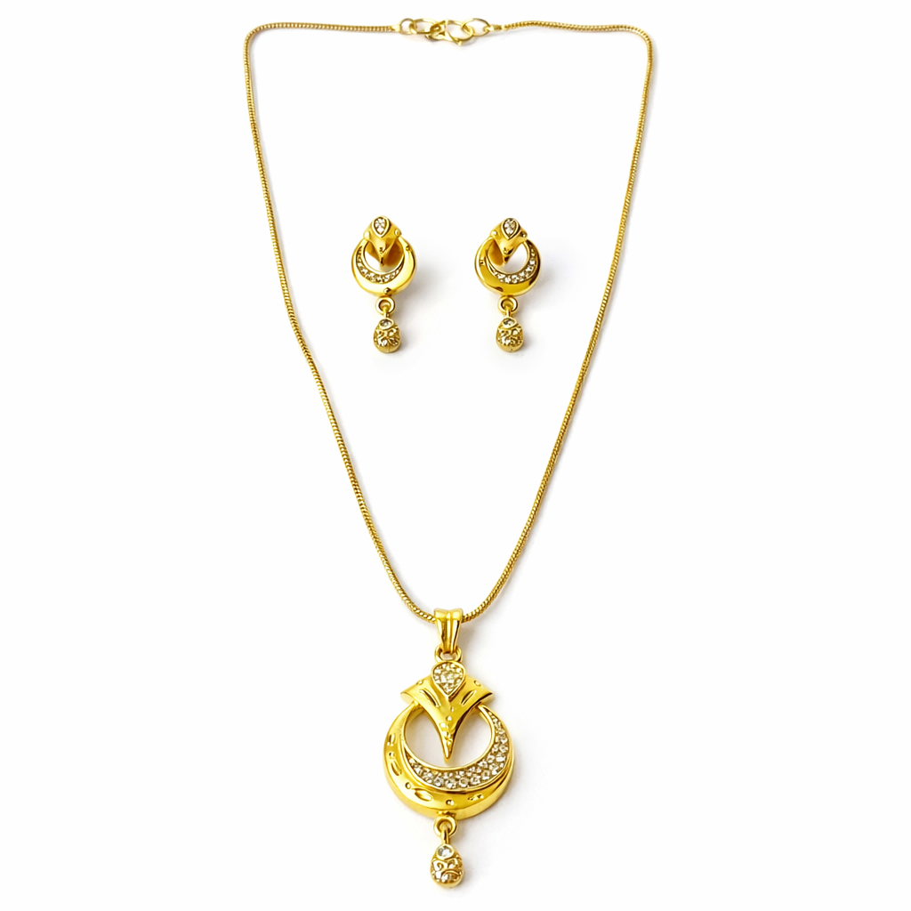 Solitaire Cubic Zirconia American Diamond 1 Micron Gold Plated Pendant Set