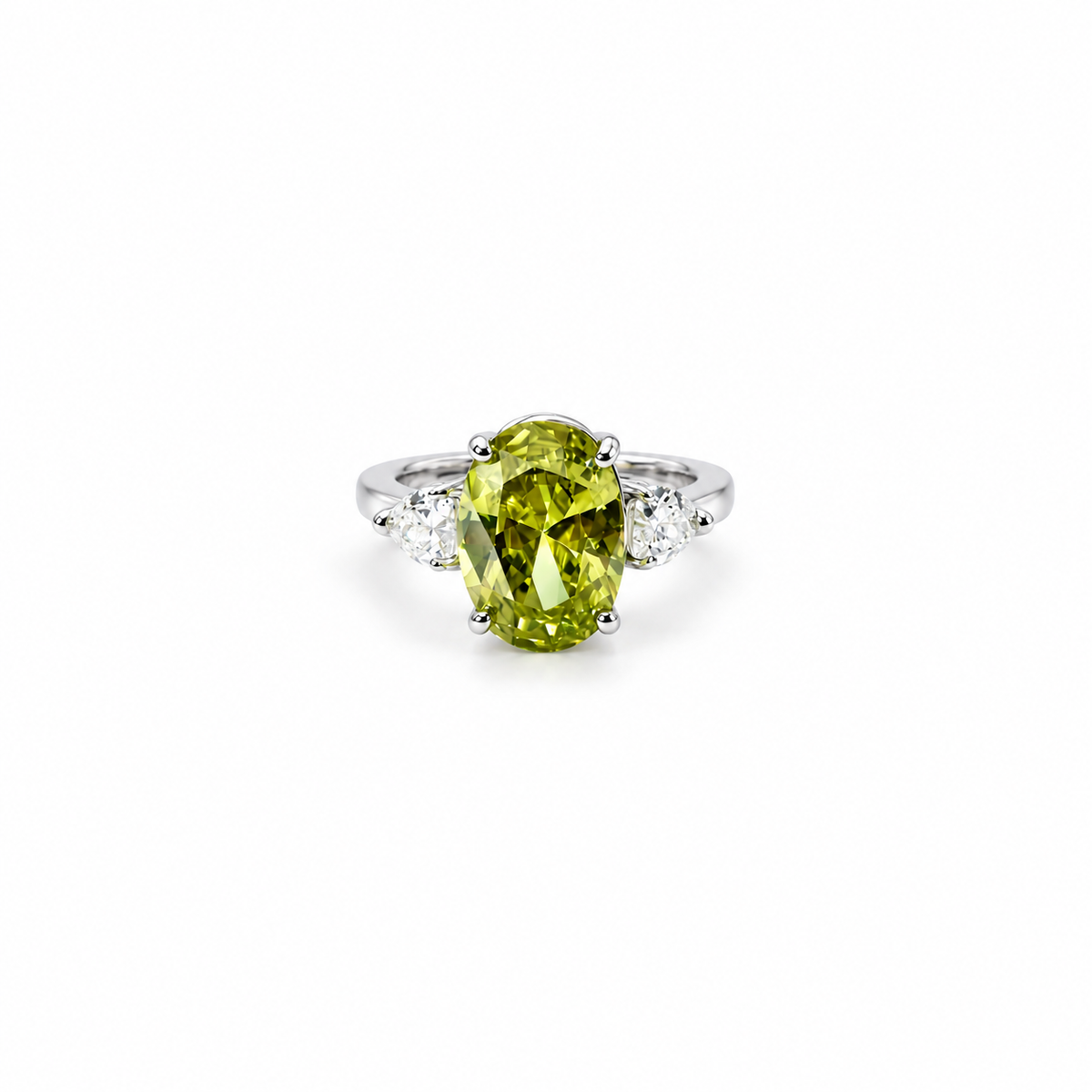 Olive Green Cubic Zirconia Ice Cut American Diamond Silver Plated Adjustable Ring