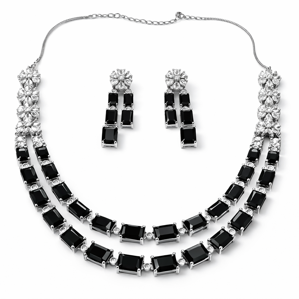 Black Cubic Zirconia American Diamond Silver Plated Necklace Set