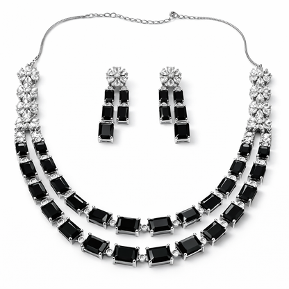 Black Cubic Zirconia American Diamond Silver Plated Necklace Set