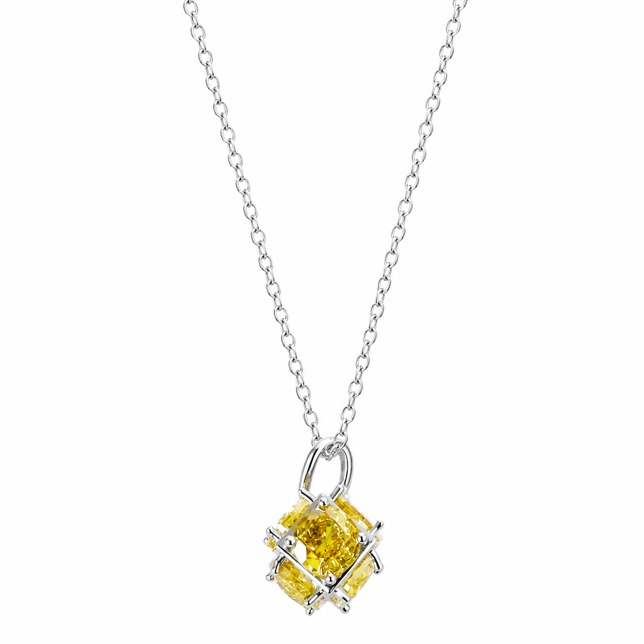 Yellow Topaz Cubic Zirconia American Diamond Silver Plated Stainless Steel Necklace