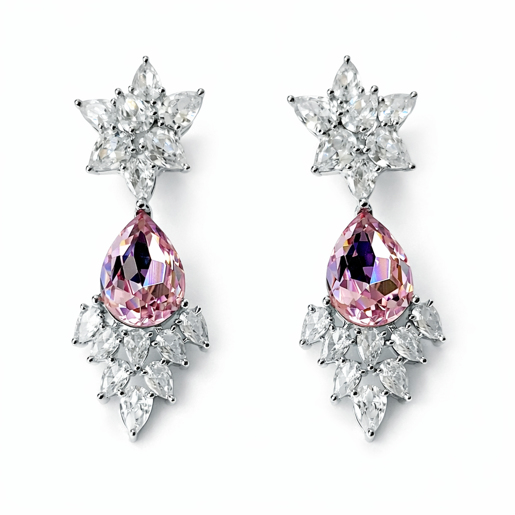 Lt Pink Rose Swarovski Crystal American Diamond Silver Plated Earrings
