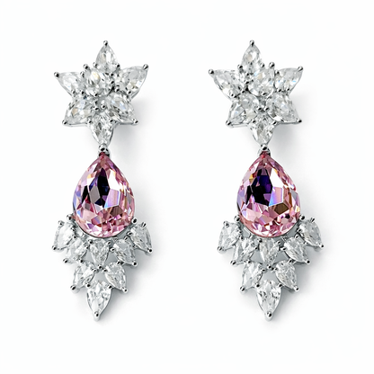 Lt Pink Rose Swarovski Crystal American Diamond Silver Plated Earrings