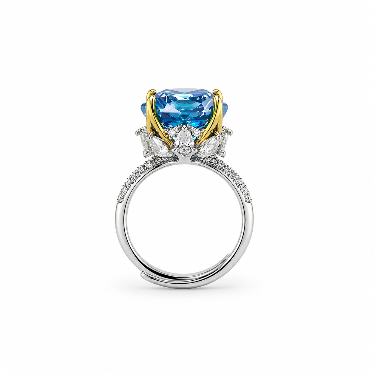 Aqua Blue Vitrail Sapphire Cubic Zirconia Ice Cut American Diamond Gold/Silver Plated Adjustable Ring