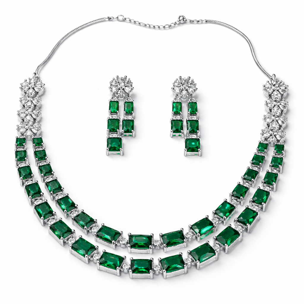 Green Emerald Cubic Zirconia American Diamond Silver Plated Necklace Set
