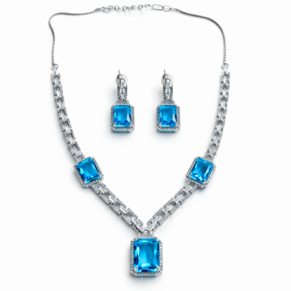 Aqua Blue Sapphire Cubic Zirconia American Diamond Silver Plated Necklace Set