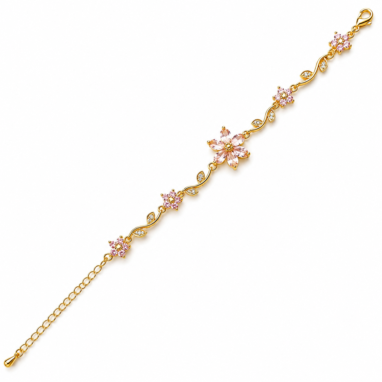 Pink Topaz Cubic Zirconia Flower Design American Diamond Gold Plated Stainless Steel Bracelet