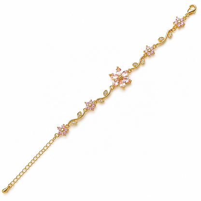Pink Topaz Cubic Zirconia Flower Design American Diamond Gold Plated Stainless Steel Bracelet