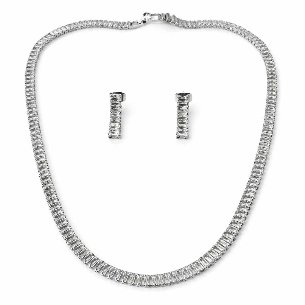 Solitaire Cubic Zirconia American Diamond Silver Plated Necklace Set