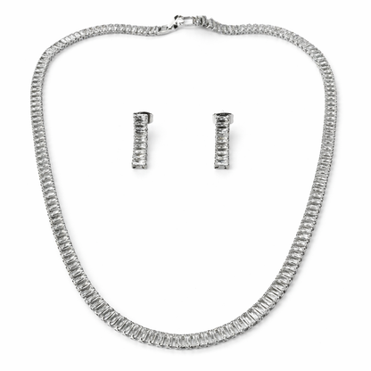 Solitaire Cubic Zirconia American Diamond Silver Plated Necklace Set