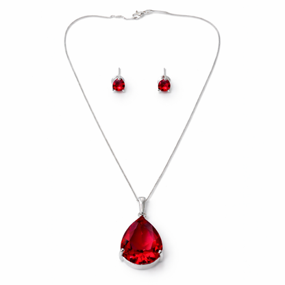 Red Ruby Cubic Zirconia American Diamond Silver Plated Pendant Set