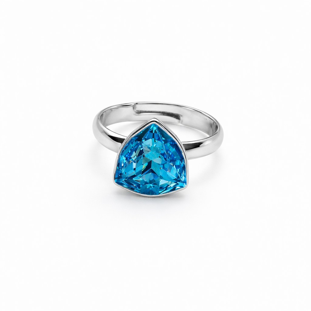 Aqua Blue Indicolite Swarovski Crystal Silver Plated Adjustable Ring
