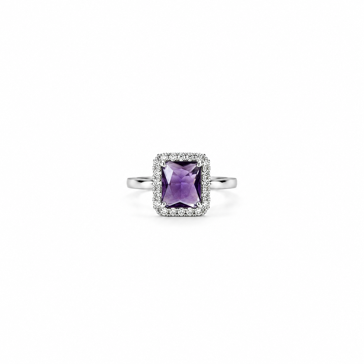 Purple Amethyst Cubic Zirconia Ice Cut American Diamond Silver Plated Adjustable Ring
