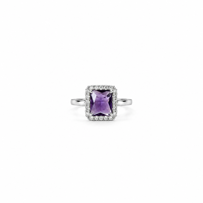 Purple Amethyst Cubic Zirconia Ice Cut American Diamond Silver Plated Adjustable Ring