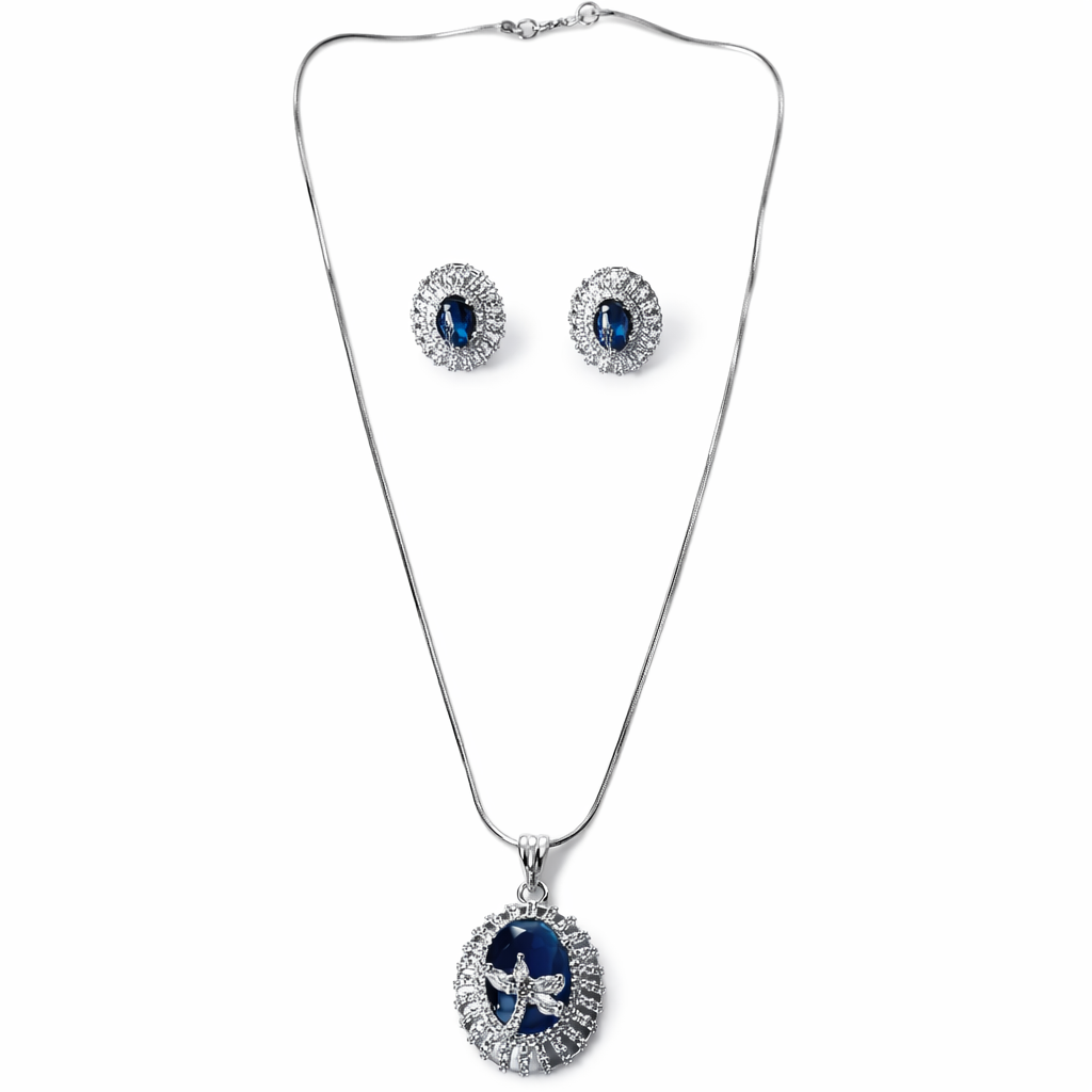 Blue Sapphire Cubic Zirconia American Diamond Silver Plated Pendant Set