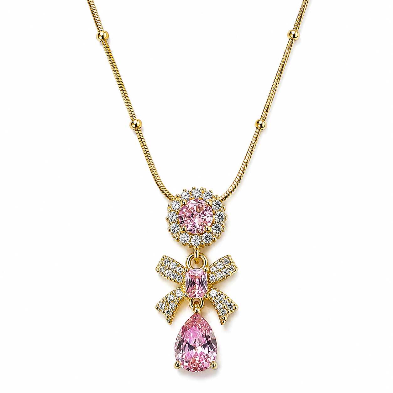 Pink Topaz Cubic Zirconia Tulip Design American Diamond Gold Plated Stainless Steel Necklace
