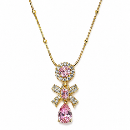 Pink Topaz Cubic Zirconia Tulip Design American Diamond Gold Plated Stainless Steel Necklace