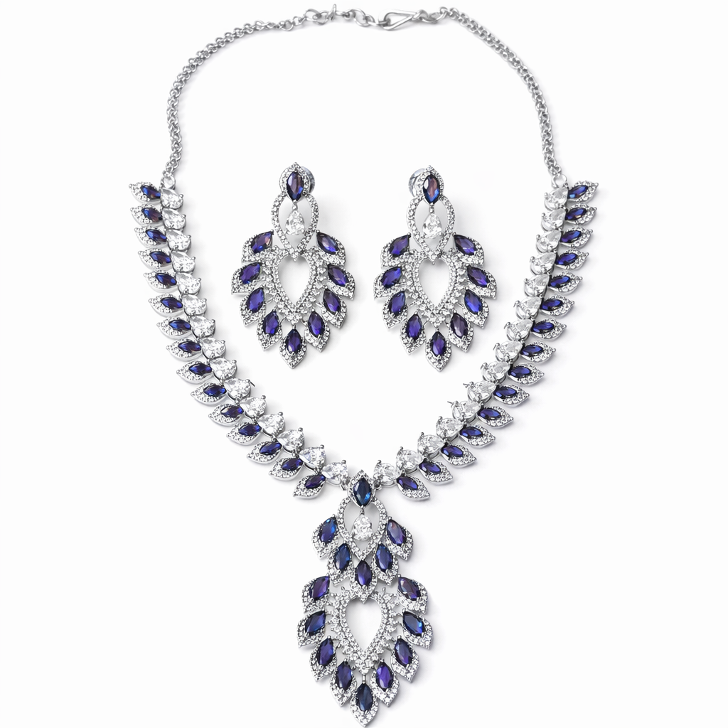 Purple Purple Cubic Zirconia American Diamond Silver Plated Necklace Set