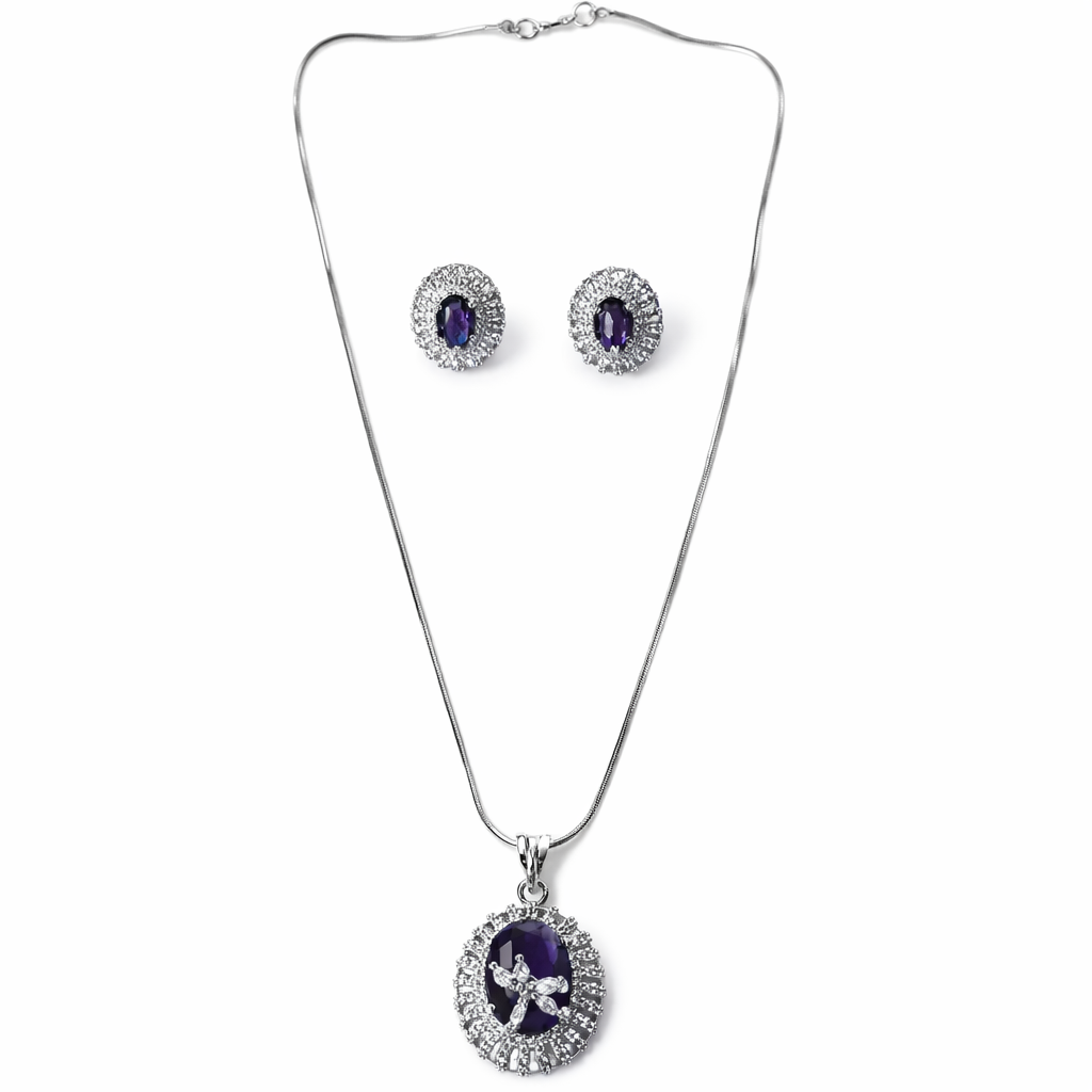 Purple Amethyst Cubic Zirconia American Diamond Silver Plated Pendant Set