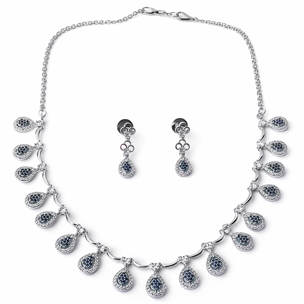 Blue Sapphire Cubic Zirconia American Diamond Silver Plated Necklace Set