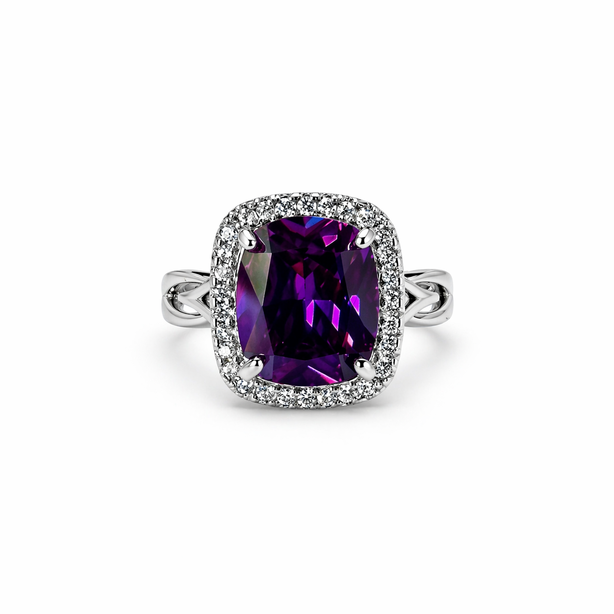 Purple Amethyst Cubic Zirconia Ice Cut American Diamond Silver Plated Adjustable Ring