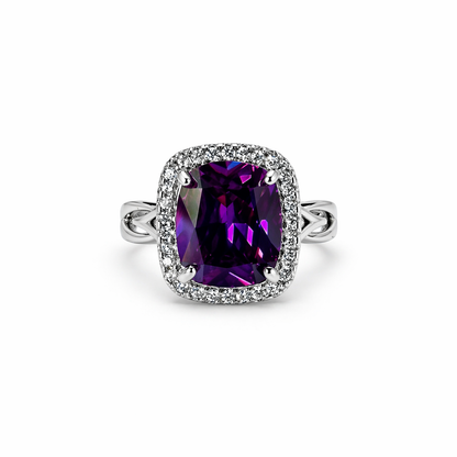 Purple Amethyst Cubic Zirconia Ice Cut American Diamond Silver Plated Adjustable Ring