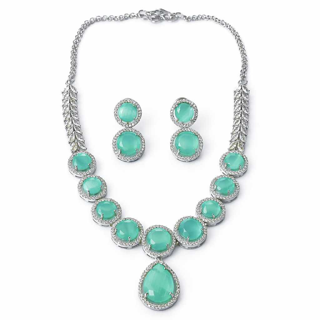 Mint Green Topaz Cubic Zirconia American Diamond Silver Plated Necklace Set