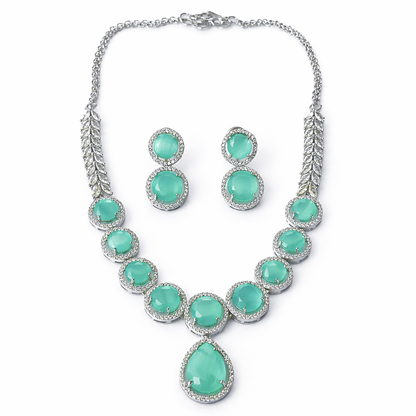 Mint Green Topaz Cubic Zirconia American Diamond Silver Plated Necklace Set
