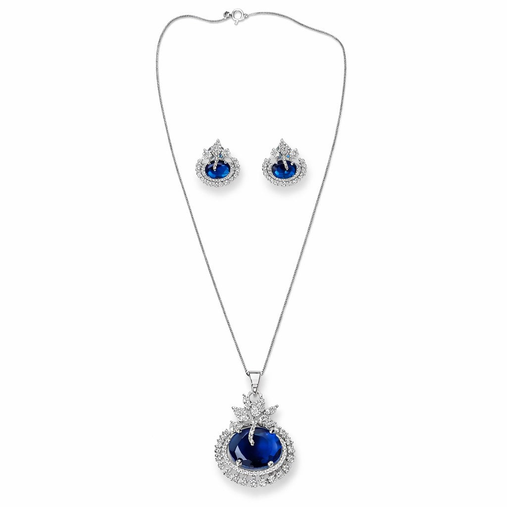 Blue Sapphire Cubic Zirconia American Diamond Silver Plated Pendant Set